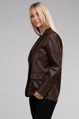 Amber Sleek Pu Leather Blazer with Front Closure