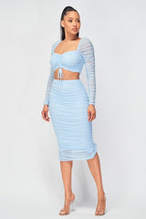 Roxy Ruched Sheer Long-Sleeve Top & Mini-Skirt Set
