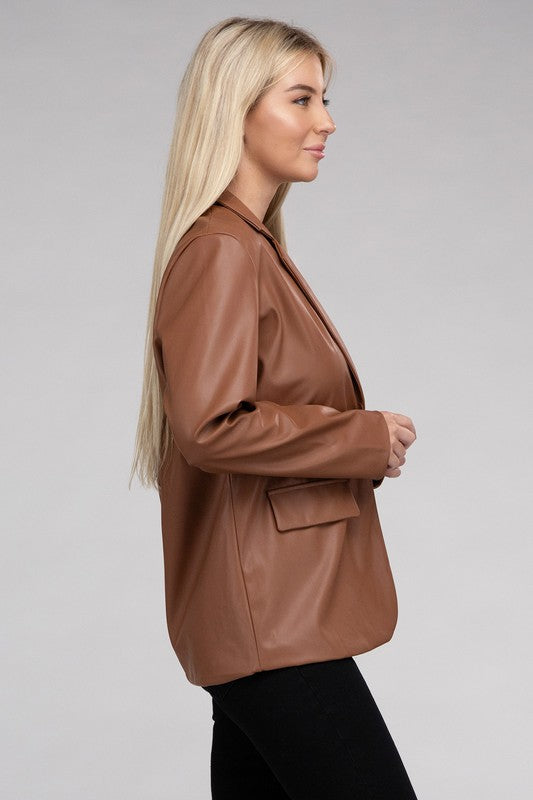 Amber Sleek Pu Leather Blazer with Front Closure