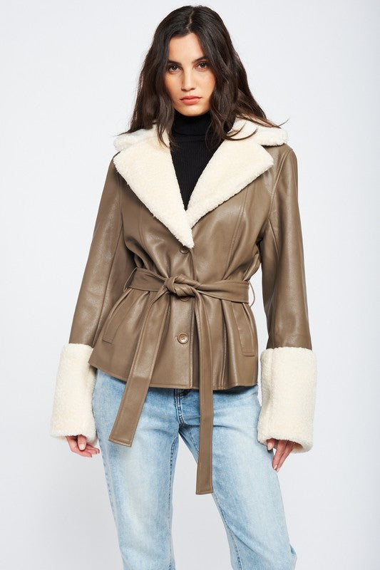 Bianca Belted Faux Shearing Trimmed Jacket