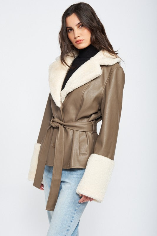 Bianca Belted Faux Shearing Trimmed Jacket