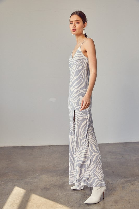 Rosemarie Front Slit Zebra Slip Maxi Dress
