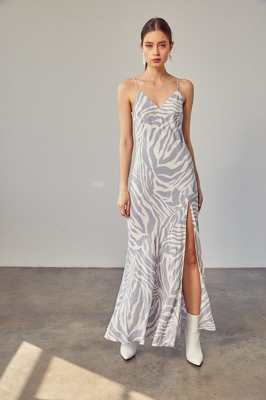 Rosemarie Front Slit Zebra Slip Maxi Dress