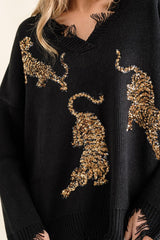 Georgia Frayed Edge Sequin Tiger Sweater