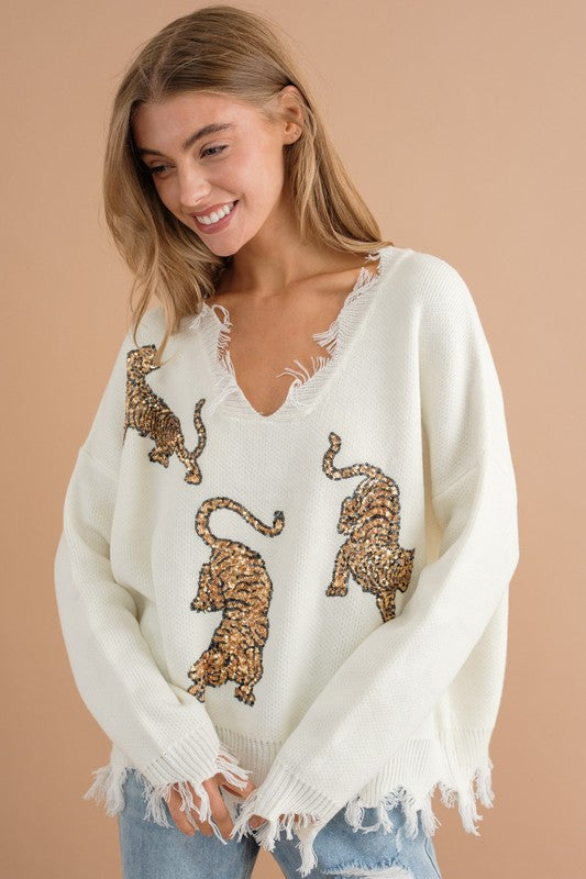 Georgia Frayed Edge Sequin Tiger Sweater