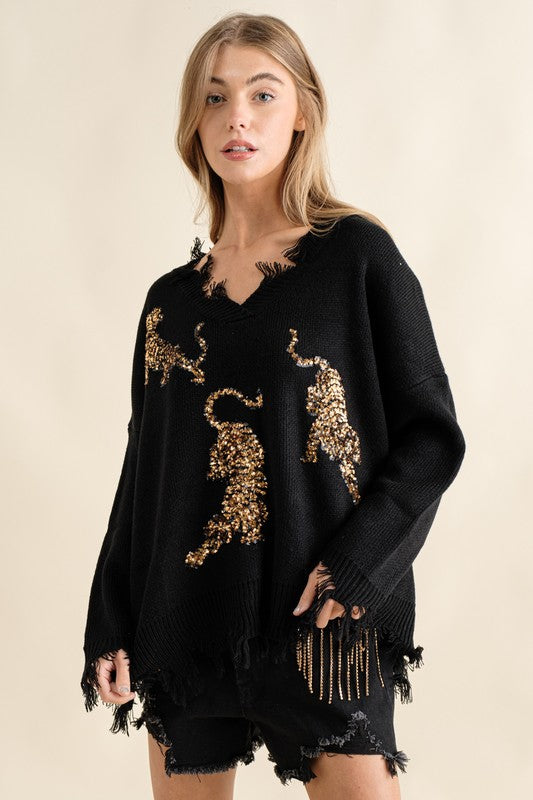 Georgia Frayed Edge Sequin Tiger Sweater