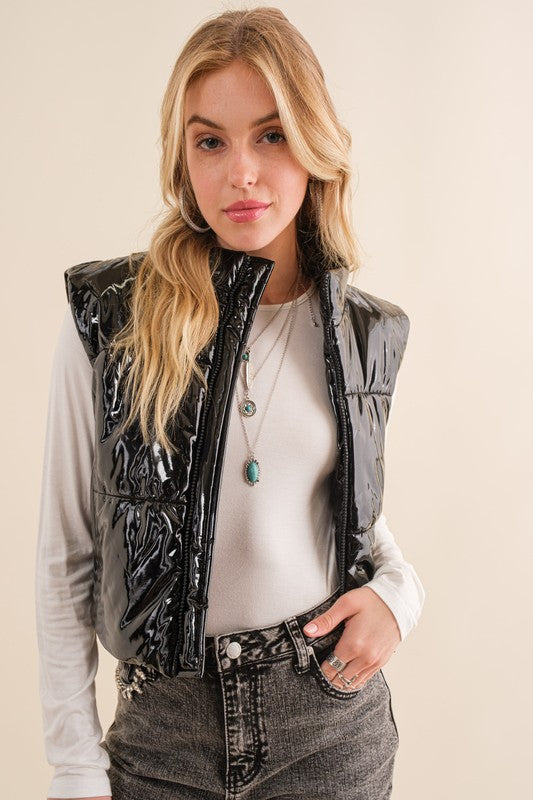 Glossy Quilted Puffer Crop Vest