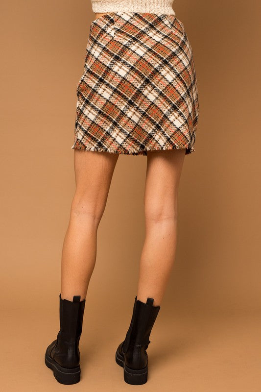 Hannah Bias Plaid Frayed Hem Mini Skirt