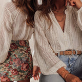 Phoebe Crochet Lace Button V-Neck Knit Sweater Blouse