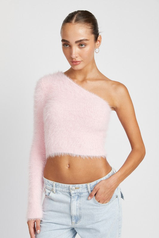One Shoulder Fluffy Sweater Top