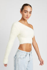 One Shoulder Fluffy Sweater Top