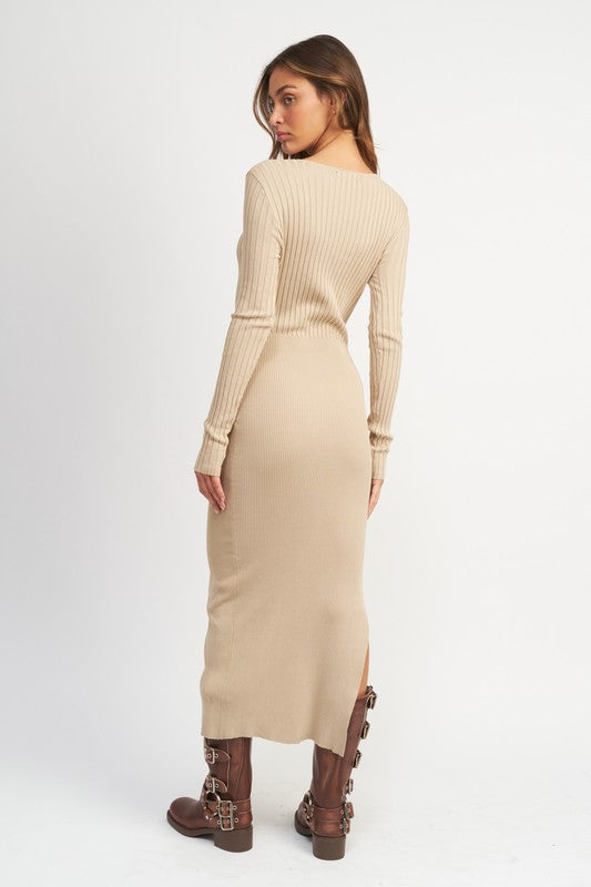 V Neck Multi Rib Dress with V Neck