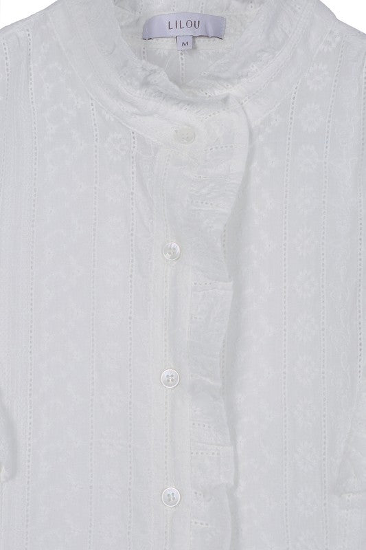 Egypt Ruffle Trim Eyelet Embroidered Button Up Blouse