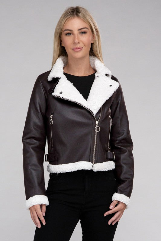 Rachel Plush Teddy Trimmed PU Jacket