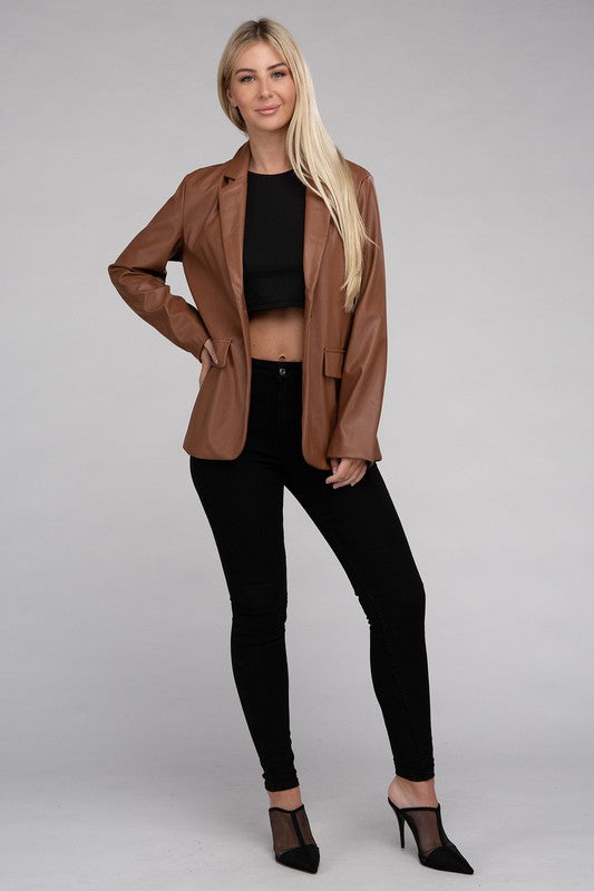 Amber Sleek Pu Leather Blazer with Front Closure
