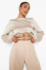 Kate Satin Lace-Up Crop Top Shirt