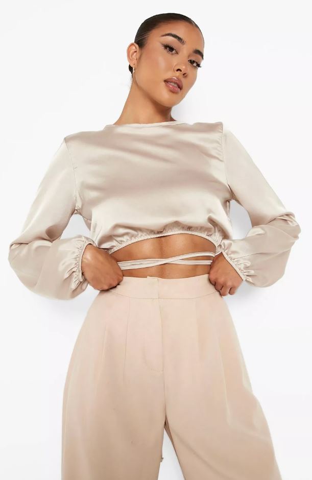 Kate Satin Lace-Up Crop Top Shirt