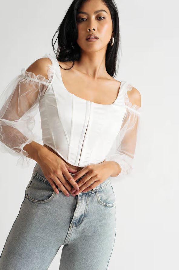 London Woven Long Sleeve Off Shoulder Top