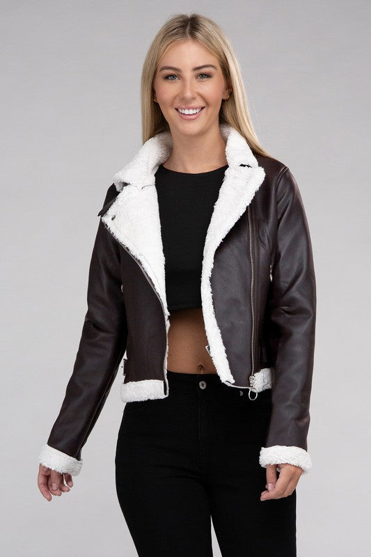 Rachel Plush Teddy Trimmed PU Jacket