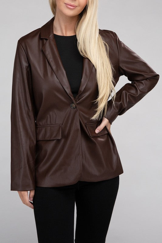 Amber Sleek Pu Leather Blazer with Front Closure