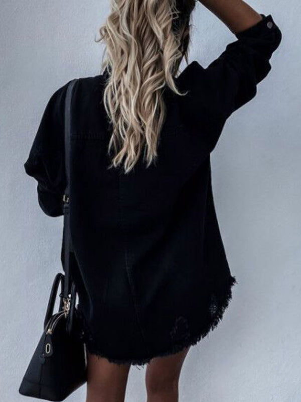 Ocean Raw Hem Collared Neck Long Sleeve Denim Jacket