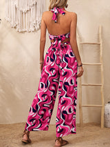 Royal Heaven Abstract Print Halter Neck Cutout Wide Leg Jumpsuit