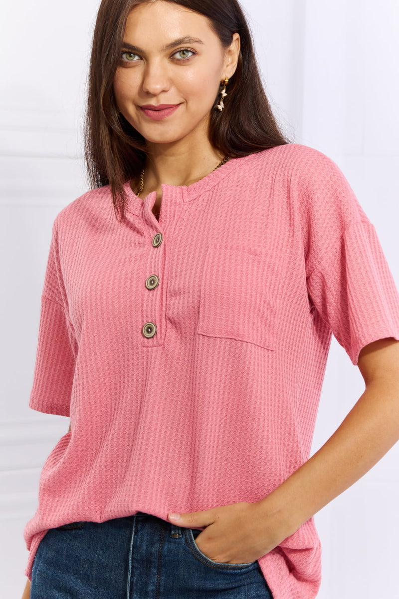 Maddox Full Size 1/4 Button Down Waffle Top in Coral