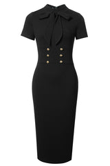 Alessandra Round Neck Tie Front Short Sleeve Buttoned Dress
