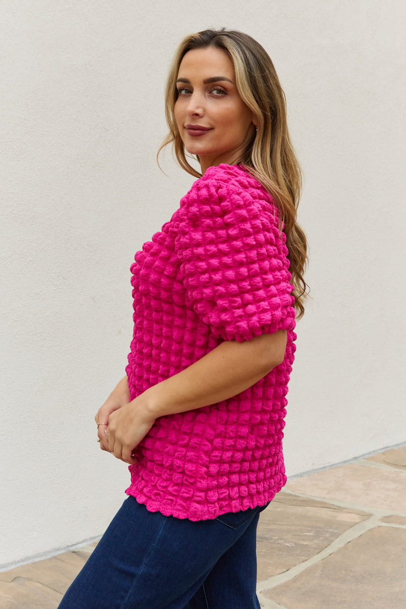 Iris Full Size Bubble Textured Puff Sleeve Top