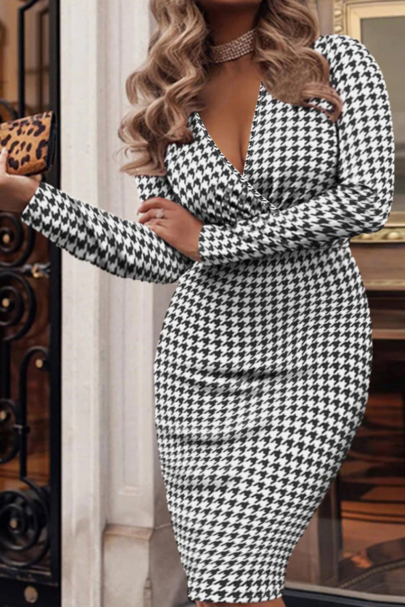 Collins Plus Size Houndstooth Surplice Neck Long Sleeve Pencil Dress