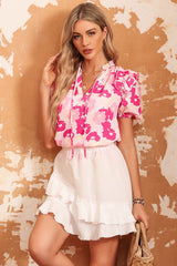 Ellie Floral Tie Neck Ruffle Shoulder Blouse