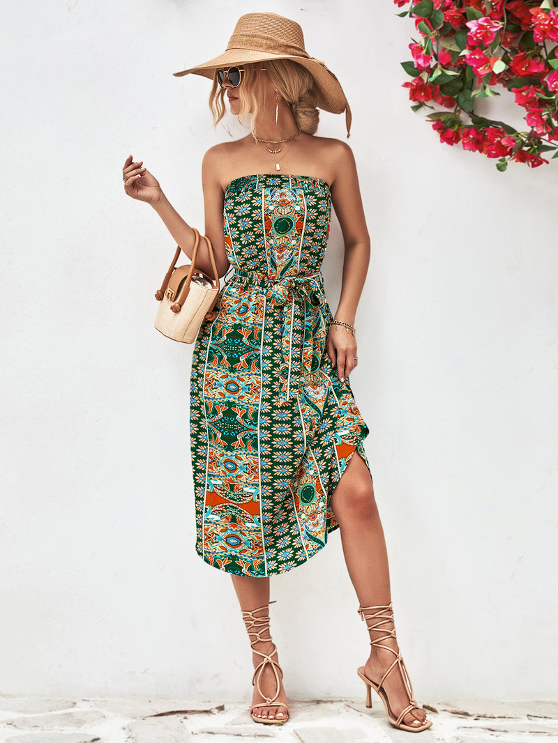 Tiana Printed Strapless Tie Belt Dress