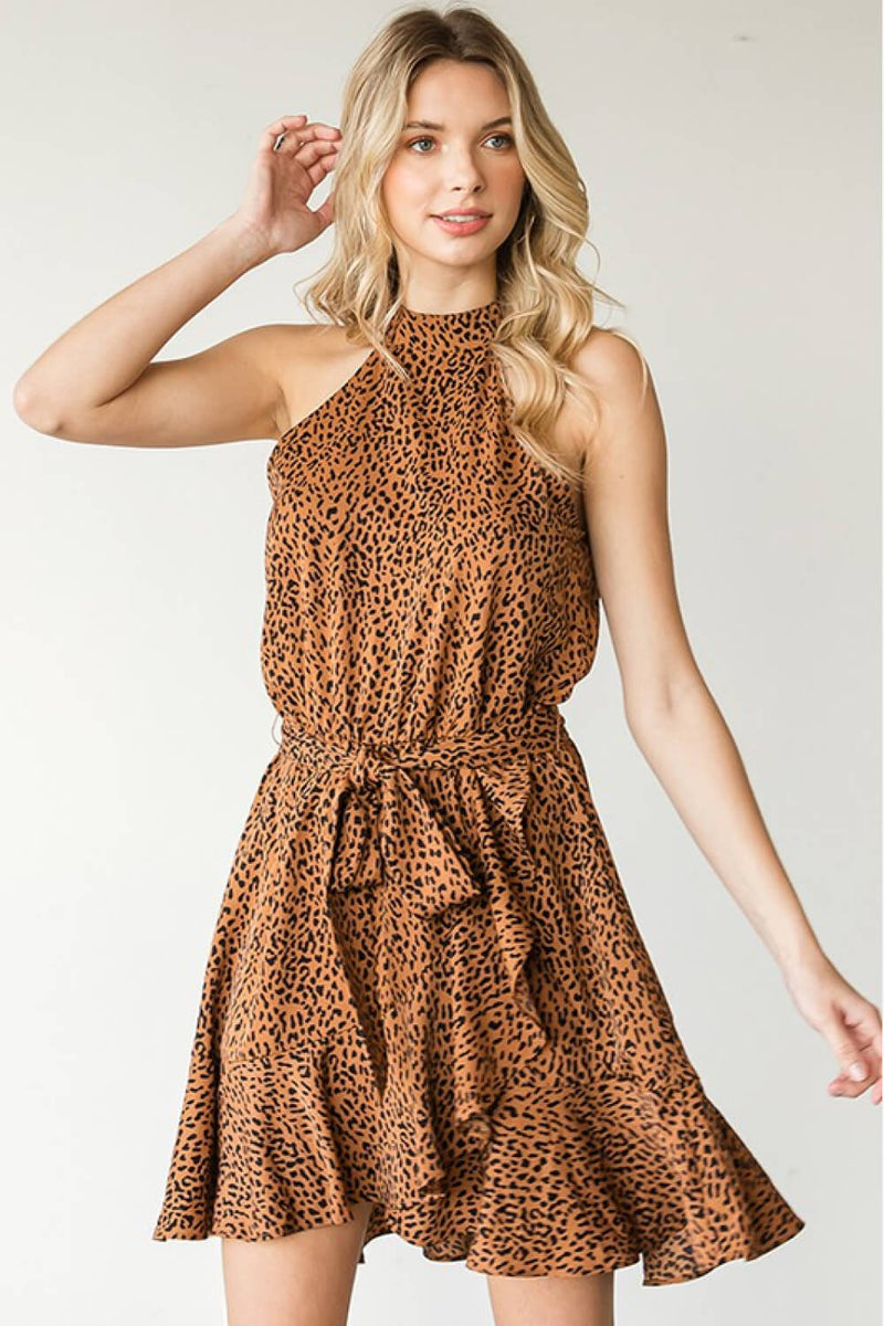 Zuri Full Size Leopard Belted Sleeveless Dress