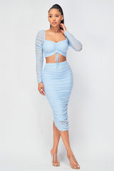 Roxy Ruched Sheer Long-Sleeve Top & Mini-Skirt Set