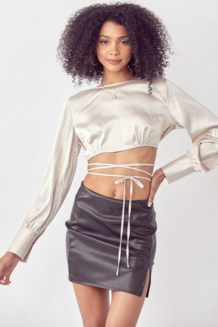 Kate Satin Lace-Up Crop Top Shirt