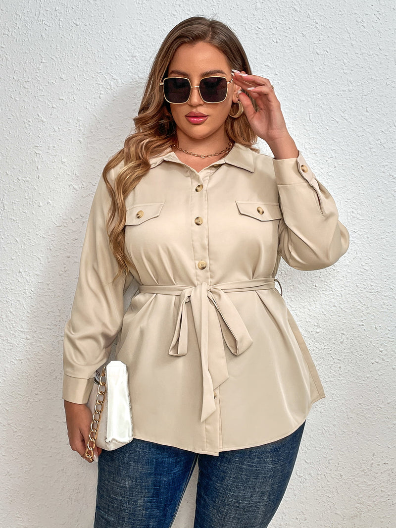 Dulce Plus Size Tie Belt Long Sleeve Shirt