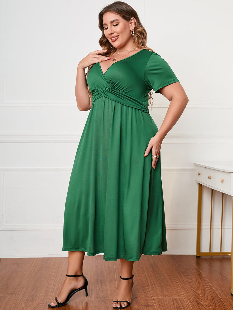 Melina Plus Size Short Sleeve Surplice Neck Midi Dress