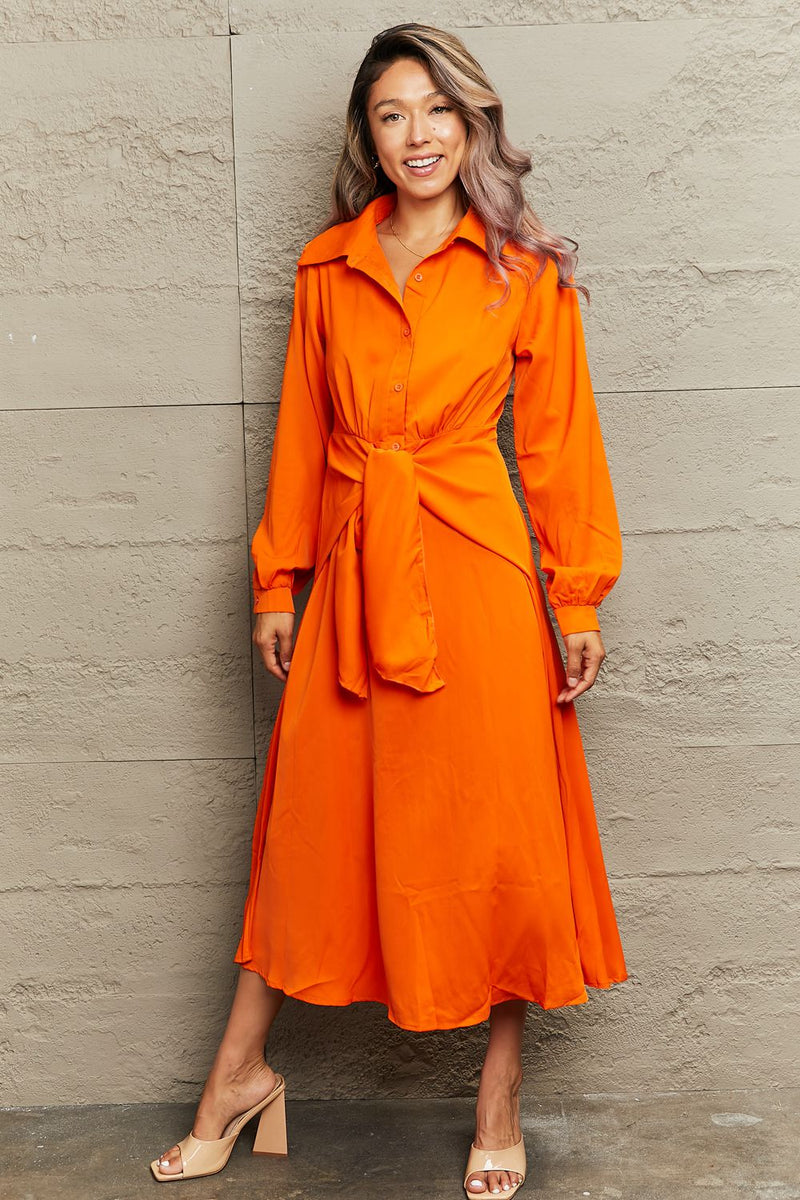 Opal Collared Neck Long Sleeve Twisted Midi Dress