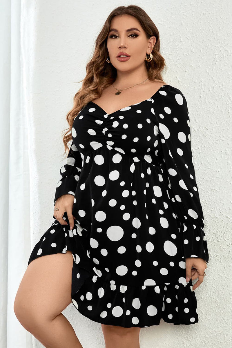 Pauline Plus Size Polka Dot Sweetheart Neck Flounce Sleeve Mini Dress