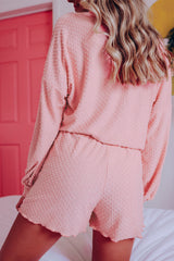 Laurene Notched Neck Swissdot Dropped Shoulder Top and Tie Waist Shorts Set