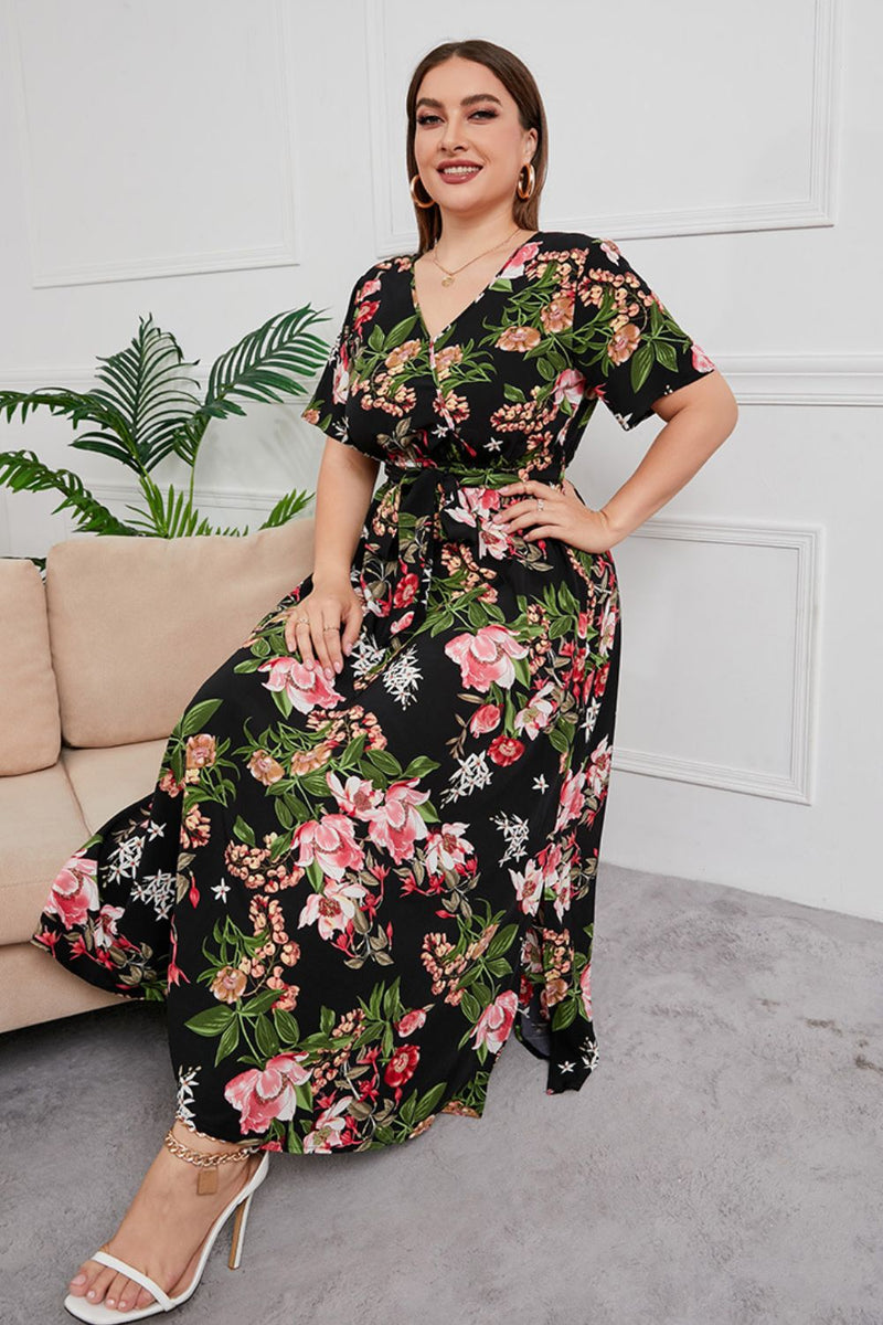 Gloria Plus Size Printed Surplice Short Sleeve Maxi Dress