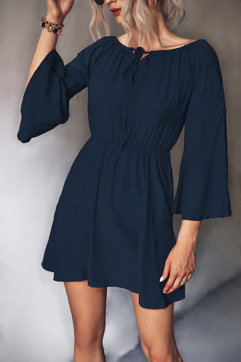 Irene Tie Neck Flare Sleeve Mini Dress