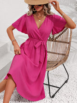 Kaliyah Surplice Neck Tie Belt Midi Dress