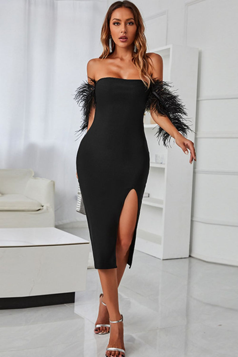 River Feather Trim Off-Shoulder Slit Bandage Dress