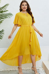 Cali Belted Flutter Sleeve High-Low Dress