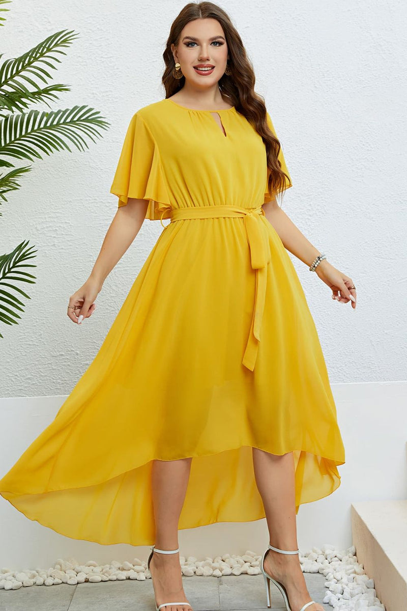 Cali Belted Flutter Sleeve High-Low Dress