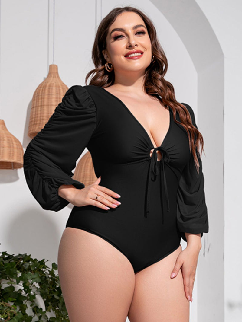 Palmer Plus Size Tied Deep V Balloon Sleeve One-Piece Swimsuit