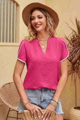 Clementine Contrast Trim Pom-Pom Detail Notched Neck Blouse