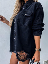 Ocean Raw Hem Collared Neck Long Sleeve Denim Jacket