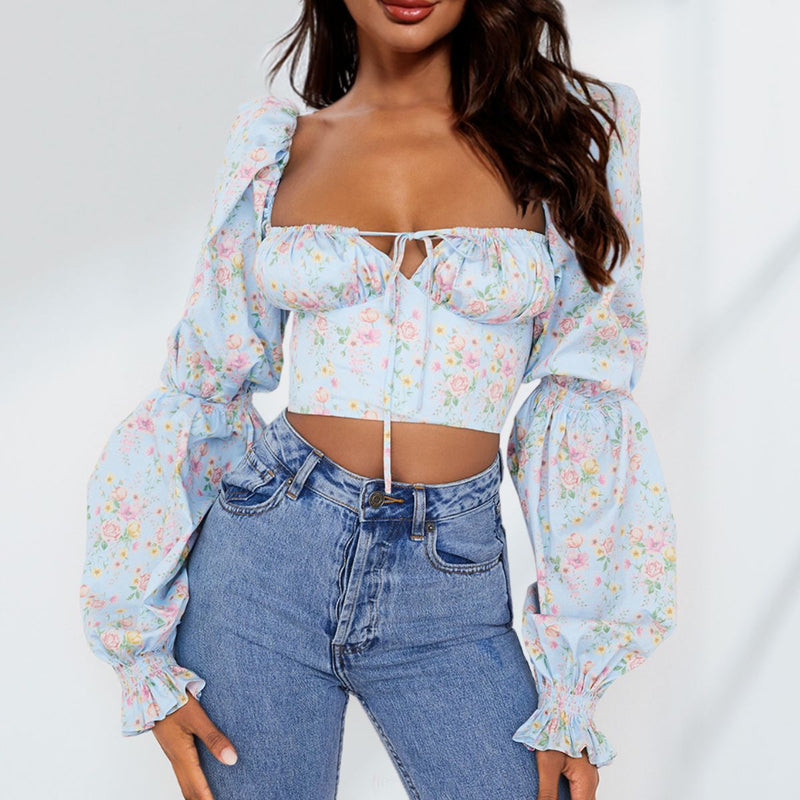 Daiana Double Take Cropped Sweetheart Neck Bubble Sleeve Blouse